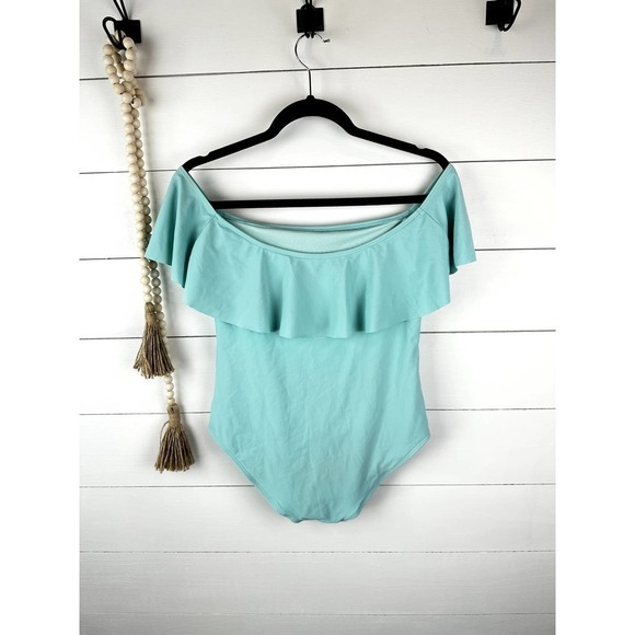 Pre-Loved Aerie aqua off the shoulder one piece sz LRG - Picture 4 of 6